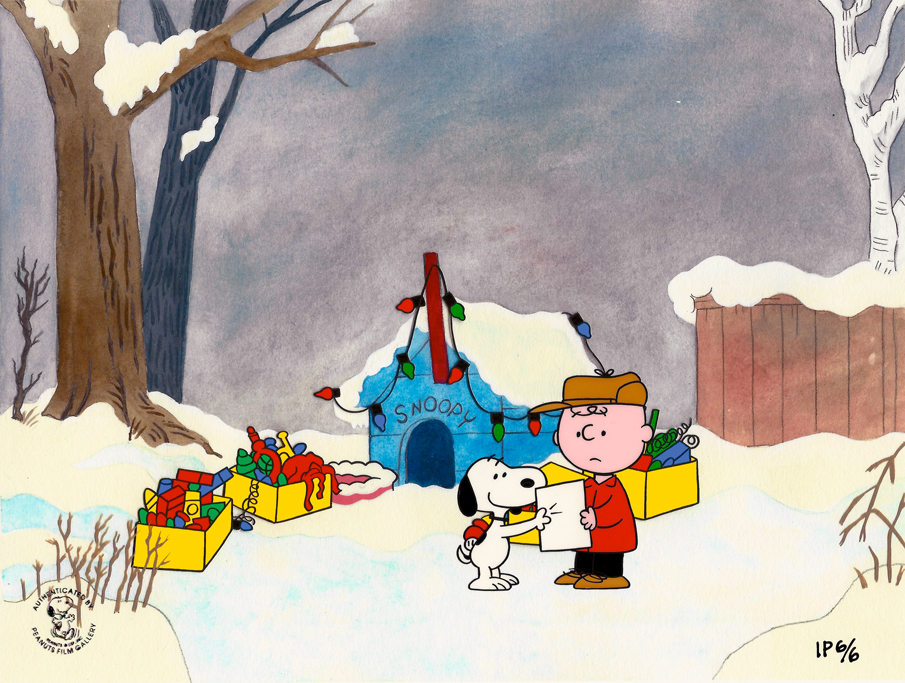 This Peanuts limited edition cel, "Dog Gone Commercial" captures when Snoopy was decorating his dog house for the holidays.  Classic!